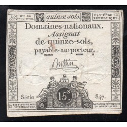 ASSIGNAT OF 15 SOLS - 24/10/1792 - NATIONAL DOMAINS - SERIES 847