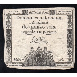 ASSIGNAT OF 15 SOLS - 04/01/1792 - NATIONAL DOMAINS - SERIES 746
