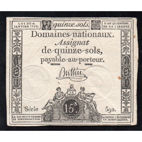 ASSIGNAT DE 15 SOLS - 04/01/1792 - DOMAINES NATIONAUX - SERIE 592