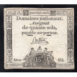 ASSIGNAT DE 15 SOLS - 24/10/1792 - DOMAINES NATIONAUX - SERIE 538