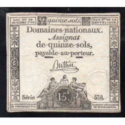 ASSIGNAT OF 15 SOLS - 24/10/1792 - NATIONAL DOMAINS - 538 SERIES