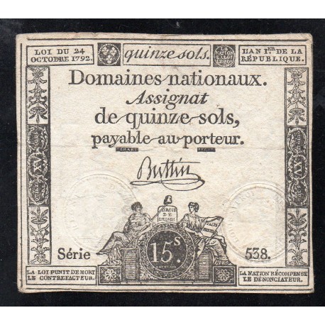 ASSIGNAT OF 15 SOLS - 24/10/1792 - NATIONAL DOMAINS - 538 SERIES