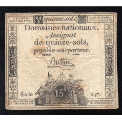 ASSIGNAT DE 15 SOLS - 04/01/1792 - DOMAINES NATIONAUX - SERIE 247