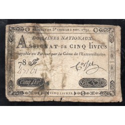 ASSIGNAT OF 5 LIVRES - 01/11/1791 - NATIONAL DOMAINS