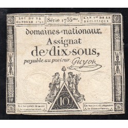 ASSIGNAT DE 10 SOUS - SERIE 1735 - 24/10/1792 - DOMAINES NATIONAUX