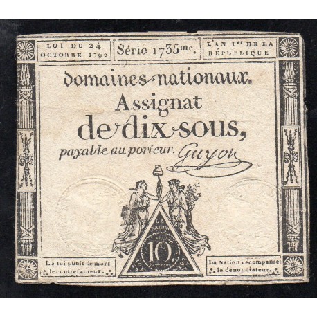 ASSIGNAT DE 10 SOUS - SERIE 1735 - 24/10/1792 - DOMAINES NATIONAUX