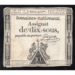 ASSIGNAT OF 10 SOUS - SERIE 400 - 24/10/1792 - NATIONAL DOMAINS