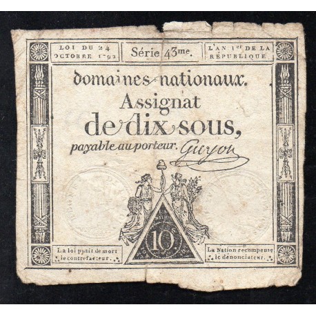 ASSIGNAT OF 10 SOUS - SERIE 43 - 24/10/1792 - NATIONAL DOMAINS