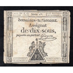 ASSIGNAT OF 10 SOUS - SERIE  1 - 04/01/1792 - NATIONAL DOMAINS