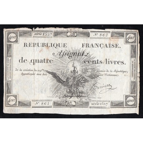ASSIGNAT OF 400 LIVRES - 21/09/1792 / AN 1 - NATIONAL DOMAINS - 1527 SERIES