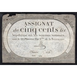 ASSIGNAT DE 500 LIVRES - 20 PLUVIOSE L'AN 2 - DOMAINES NATIONAUX - SERIE 1424