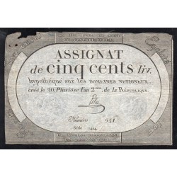 ASSIGNAT OF 500 LIVRES - 20 PLUVIOSE L'AN 2 - NATIONAL DOMAINS - 1424 SERIES
