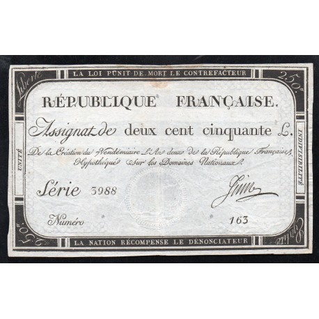 ASSIGNAT OF 250 LIVRES - 7 VENDEMIAIRE L'AN 2 - NATIONAL DOMAINS - 3988 SERIES