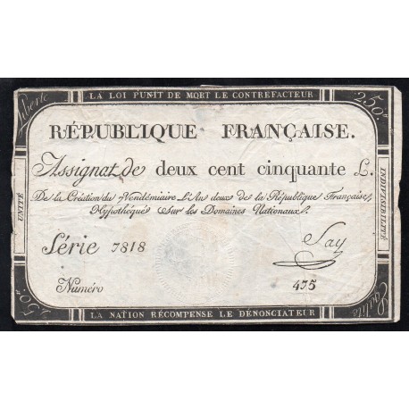 ASSIGNAT OF 250 LIVRES - 7 VENDEMIAIRE L'AN 2 - NATIONAL DOMAINS - 7818 SERIES