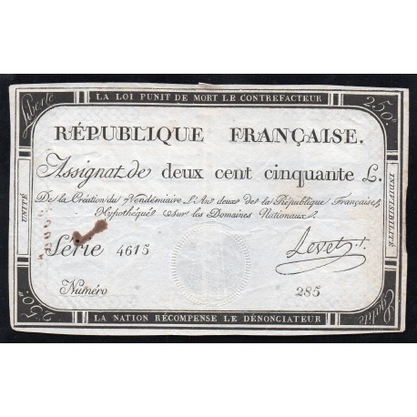 ASSIGNAT OF 250 LIVRES - 7 VENDEMIAIRE L'AN 2 - NATIONAL DOMAINS - 4615 SERIES