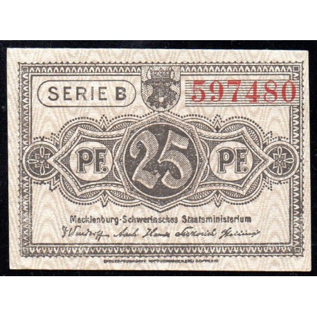 GERMANY - NOTGELD - MECKENBURG - SCHWERIN - 25 PFENNIG - 01/05/1922 - SÉRIE B