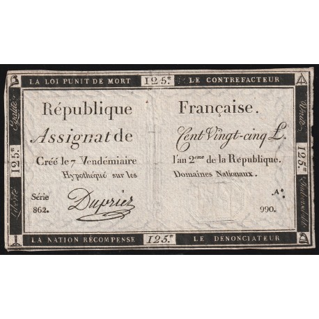 ASSIGNAT OF 125 LIVRES - 28/09/1793 - NATIONAL DOMAINS - 862 SERIES