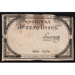 ASSIGNAT DE 5 LIVRES - 10 BRUMAIRE AN 2 - 31/10/1793 - SÉRIE 17369