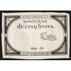 ASSIGNAT OF 5 LIVRES - 10 BRUMAIRE JAHR 2 - 31/10/1793 - SÉRIE 156