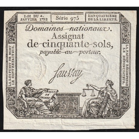 ASSIGNAT OF 50 SOLS - 04/01/1792 - NATIONAL DOMAINS - 975 SERIES