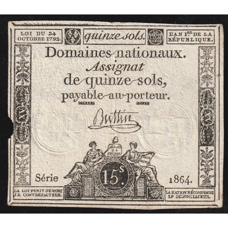 ASSIGNAT OF 15 SOLS - 24/10/1792 - NATIONAL DOMAINS - 1864 SERIES