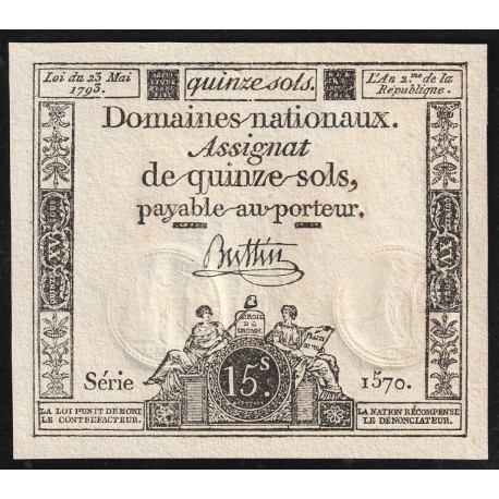 ASSIGNAT OF 15 SOLS - 23/05/1793 - NATIONAL DOMAINS - SERIE 1570