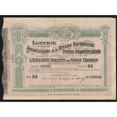 FRANCE - LOTTERY - PARISIAN PRESS AND DEPARTMENTAL PRESS - 20 FRANCS NOTES - 30/06/1905