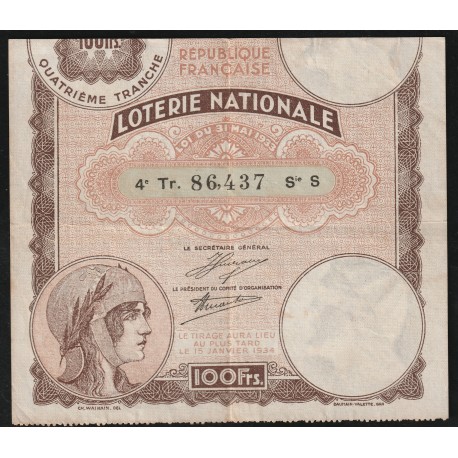 FRANCE - NATIONAL LOTTERY - 1934 - 100 FRANCS - LOI DU 31 MAI 1933