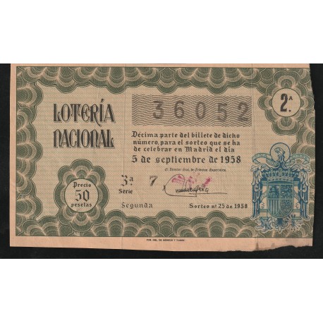 SPAIN - NATIONAL LOTTERY - 50 PESETAS - 5/09/1958