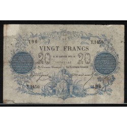 FRANCE - PICK 55 - 20 FRANCS - TYPE 1871 - BLUE - 24/01/1873 - Y.1450 - TEAR AT 7 AM - AS IS