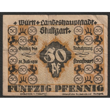 GERMANY - NOTGELD - STUTTGART - 50 PFENNIG - 31/07/1921