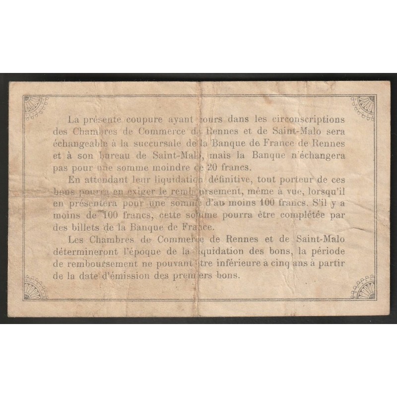 COUNTY 35 - RENNES AND ST-MALO - CHAMBER OF COMMERCE - 50 CENTIMES - 25/08/1915