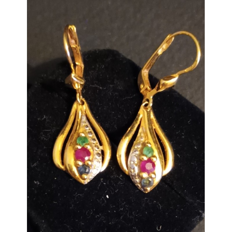 18 CARAT YELLOW GOLD EARRINGS decorated with 1 RUBY, 1 EMERALD AND 1 SAPPHIRE - 3.29 g - ref 093374